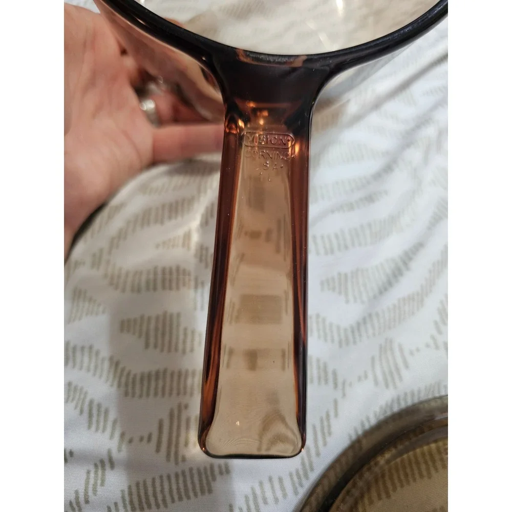 Visions Corning Amber Glass 1L Saucepan with Lid V-1-B Pour Spout Made in USA